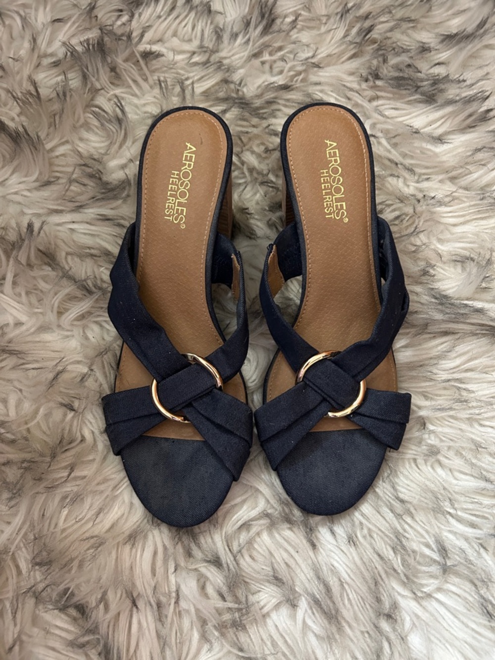 AEROSOLES Denim Knot Slide Sandals with Gold Ring Accent